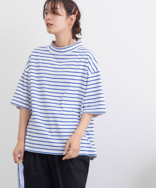 POU DOU DOU（プードゥドゥ）の「ボーダーモックネックゆるTee（Tシャツ/カットソー・レディース・ブラック/ピンク/ブルー/グリーン・3）」の5枚目の写真