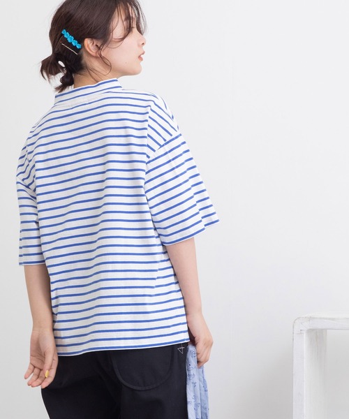 POU DOU DOU（プードゥドゥ）の「ボーダーモックネックゆるTee（Tシャツ/カットソー・レディース・ブラック/ピンク/ブルー/グリーン・3）」の7枚目の写真