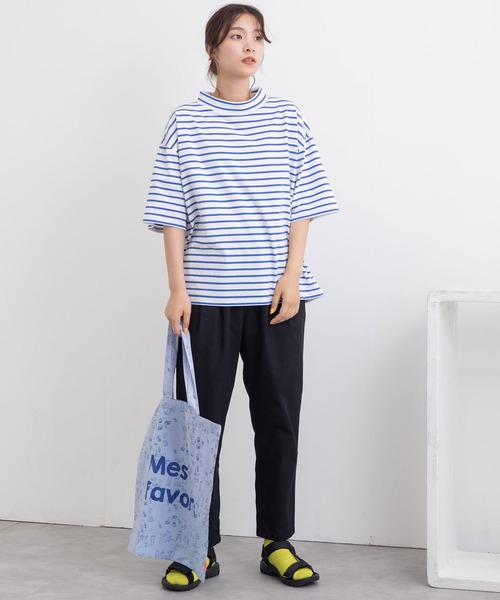 POU DOU DOU（プードゥドゥ）の「ボーダーモックネックゆるTee（Tシャツ/カットソー・レディース・ブラック/ピンク/ブルー/グリーン・3）」の10枚目の写真