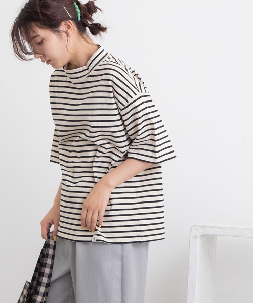 POU DOU DOU（プードゥドゥ）の「ボーダーモックネックゆるTee（Tシャツ/カットソー・レディース・ブラック/ピンク/ブルー/グリーン・3）」の14枚目の写真