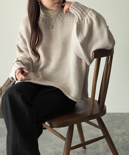R JUBILEE◆ニット・セーター(薄手)/FREE/コットン/BLK/無地/RJ1904 3039 Kijun/キジュン W-Neck Jersey Top セーター（ニット/セーター