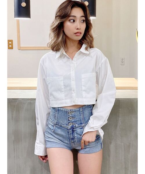 GYDA（ジェイダ）の「ウエストマーク ショートシャツ（シャツ/ブラウス・レディース・ブラック/オフホワイト・FREE）」の2枚目の写真