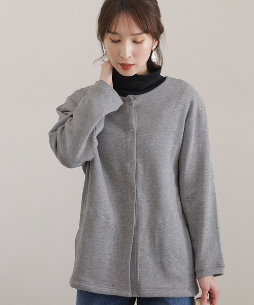 ElegChic(エレグシック)の「裏起毛スウェットドット釦カーディガン(カーディガン/ボレロ・レディース・ブラック/ライトカーキ/杢グレー/ライトベージュ・M/XL/4L)」の2枚目の写真