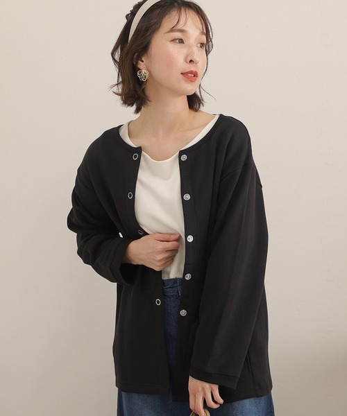 ElegChic(エレグシック)の「裏起毛スウェットドット釦カーディガン(カーディガン/ボレロ・レディース・ブラック/ライトカーキ/杢グレー/ライトベージュ・M/XL/4L)」の1枚目の写真