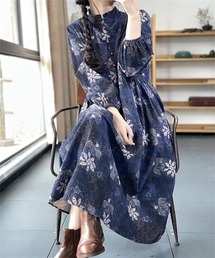 総柄プリント ハイネック ロングワンピース