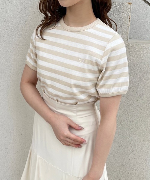 one after another NICE CLAUP（ワンアフターアナザーナイスクラップ）の「NC刺しゅうボーダーTee（Tシャツ/カットソー・レディース・ホワイト×ブラック/ブラウン系/アイボリー系・FREE）」の3枚目の写真