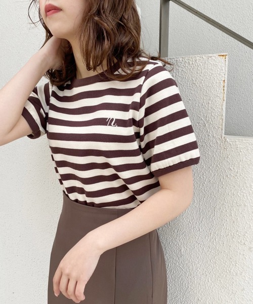 one after another NICE CLAUP（ワンアフターアナザーナイスクラップ）の「NC刺しゅうボーダーTee（Tシャツ/カットソー・レディース・ホワイト×ブラック/ブラウン系/アイボリー系・FREE）」の10枚目の写真