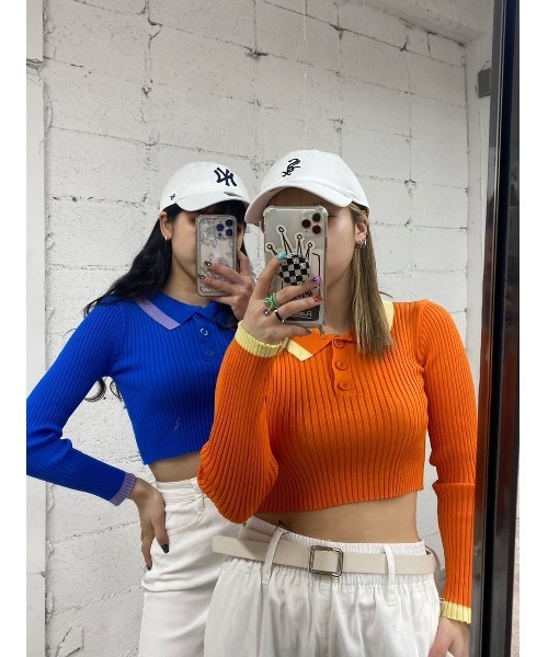 WC（ダブル シー）の「配色長袖ポロ（ポロシャツ・レディース・ブルー/オレンジ・FREE）」の2枚目の写真