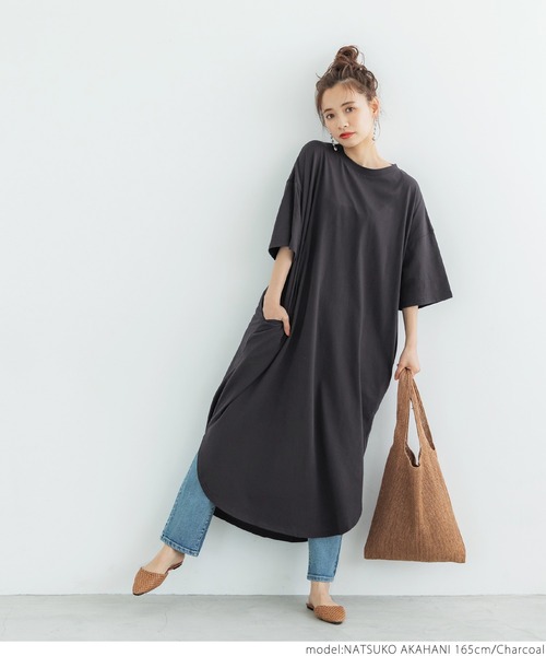 coca(coca)(コカ)の「半袖ラウンドヘムワンピース(ワンピース・レディース・ホワイト/チャコールグレー/ライトベージュ・ONE SIZE)」の7枚目の写真