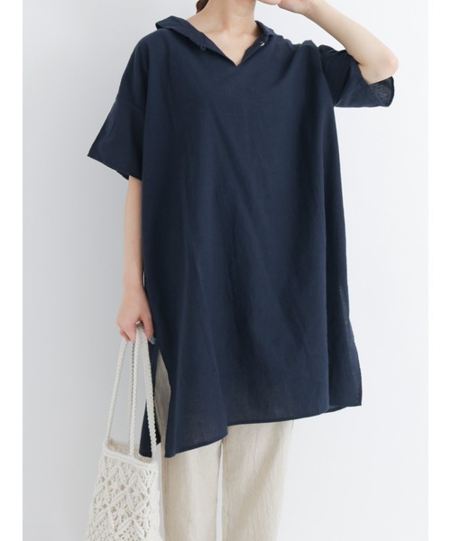 Samansa Mos2（サマンサ モスモス）の「【クールコットン】柄アソートスキッパーチュニック（シャツ/ブラウス・レディース・ブラック/ネイビー/レッド/オフホワイト/サックスブルー/ブルー/グリーン・ﾌﾘ-）」の4枚目の写真