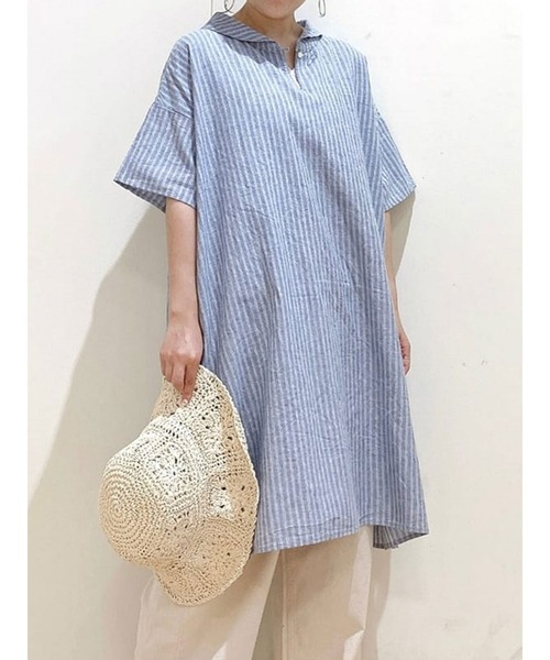 Samansa Mos2（サマンサ モスモス）の「【クールコットン】柄アソートスキッパーチュニック（シャツ/ブラウス・レディース・ブラック/ネイビー/レッド/オフホワイト/サックスブルー/ブルー/グリーン・ﾌﾘ-）」の5枚目の写真