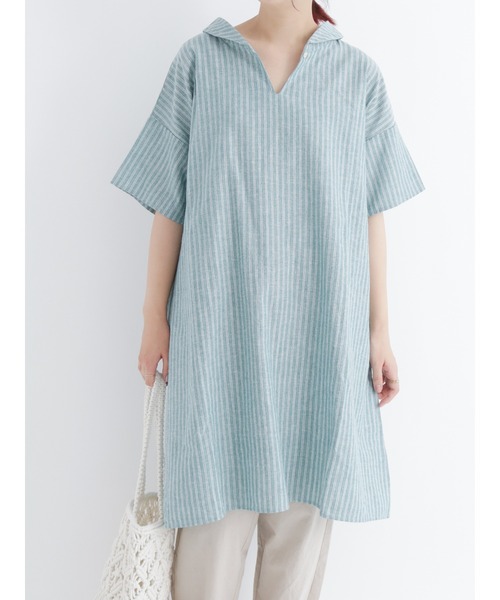 Samansa Mos2（サマンサ モスモス）の「【クールコットン】柄アソートスキッパーチュニック（シャツ/ブラウス・レディース・ブラック/ネイビー/レッド/オフホワイト/サックスブルー/ブルー/グリーン・ﾌﾘ-）」の3枚目の写真