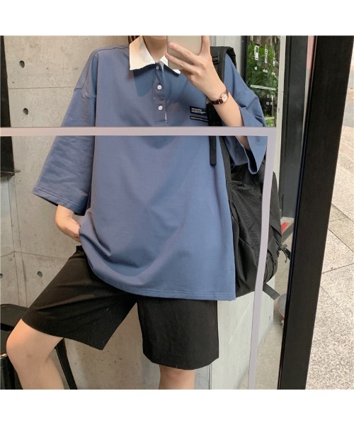 DEVICE（デバイス）の「韓国風 襟付ポロシャツ ビッグシルエット ポロネックロンT(八分袖) ラガーシャツ（ポロシャツ・レディース・ブルー/グリーン・FREE）」の8枚目の写真