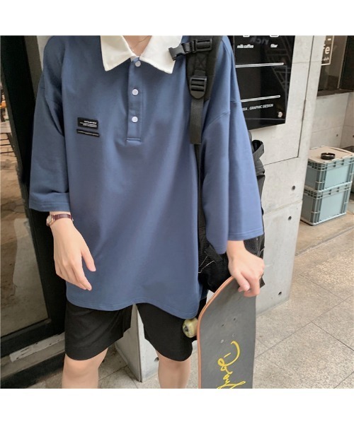 DEVICE（デバイス）の「韓国風 襟付ポロシャツ ビッグシルエット ポロネックロンT(八分袖) ラガーシャツ（ポロシャツ・レディース・ブルー/グリーン・FREE）」の6枚目の写真