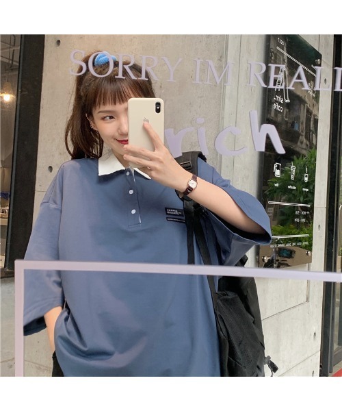 DEVICE（デバイス）の「韓国風 襟付ポロシャツ ビッグシルエット ポロネックロンT(八分袖) ラガーシャツ（ポロシャツ・レディース・ブルー/グリーン・FREE）」の9枚目の写真