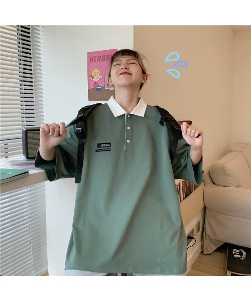 DEVICE（デバイス）の「韓国風 襟付ポロシャツ ビッグシルエット ポロネックロンT(八分袖) ラガーシャツ（ポロシャツ・レディース・ブルー/グリーン・FREE）」の15枚目の写真