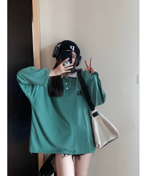 DEVICE（デバイス）の「韓国風 襟付ポロシャツ ビッグシルエット ポロネックロンT(八分袖) ラガーシャツ（ポロシャツ・レディース・ブルー/グリーン・FREE）」の18枚目の写真