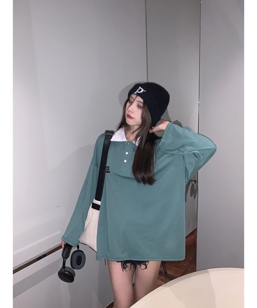 DEVICE（デバイス）の「韓国風 襟付ポロシャツ ビッグシルエット ポロネックロンT(八分袖) ラガーシャツ（ポロシャツ・レディース・ブルー/グリーン・FREE）」の21枚目の写真