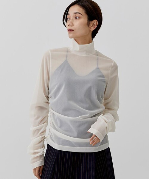 city（シティ）の「【CITY】トリコットシアーシャーリングTOPS（Tシャツ/カットソー・レディース・ブラック/カーキ/オレンジ/アイボリー・FREE）」の2枚目の写真