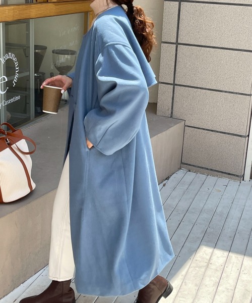 セール】ボリュームノーカラーロングコート（ノーカラーコート）｜emi+