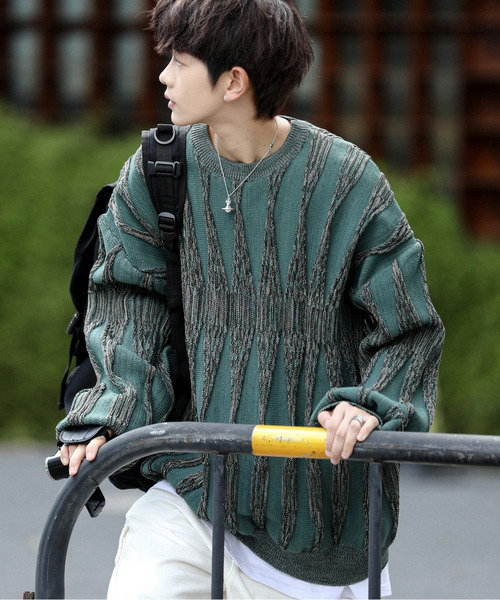 neos（ネオス）の「【neos -addictive design-】ビッグシルエット ジャガード ビンテージライク レトロ プルオーバー ニット セーター（ニット/セーター・メンズ・チャコールグレー/サックスブルー/グリーン/グレー・MEDIUM/X-LARGE/LARGE）」の3枚目の写真