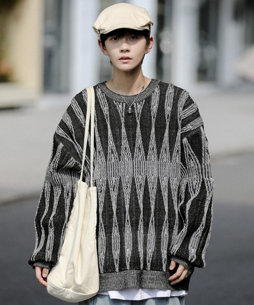 neos（ネオス）の「【neos -addictive design-】ビッグシルエット ジャガード ビンテージライク レトロ プルオーバー ニット セーター（ニット/セーター・メンズ・チャコールグレー/サックスブルー/グリーン/グレー・MEDIUM/X-LARGE/LARGE）」の18枚目の写真