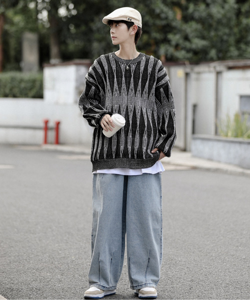 neos（ネオス）の「【neos -addictive design-】ビッグシルエット ジャガード ビンテージライク レトロ プルオーバー ニット セーター（ニット/セーター・メンズ・チャコールグレー/サックスブルー/グリーン/グレー・MEDIUM/X-LARGE/LARGE）」の5枚目の写真