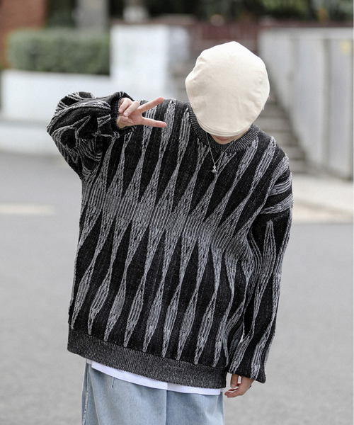 neos（ネオス）の「【neos -addictive design-】ビッグシルエット ジャガード ビンテージライク レトロ プルオーバー ニット セーター（ニット/セーター・メンズ・チャコールグレー/サックスブルー/グリーン/グレー・MEDIUM/X-LARGE/LARGE）」の22枚目の写真