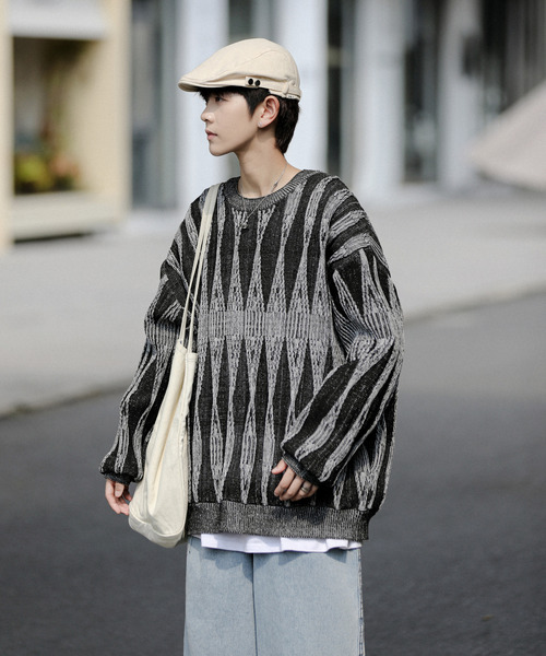 neos（ネオス）の「【neos -addictive design-】ビッグシルエット ジャガード ビンテージライク レトロ プルオーバー ニット セーター（ニット/セーター・メンズ・チャコールグレー/サックスブルー/グリーン/グレー・MEDIUM/X-LARGE/LARGE）」の9枚目の写真