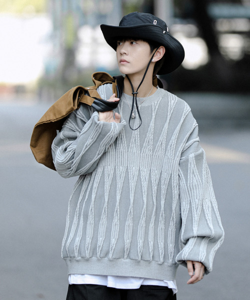 neos（ネオス）の「【neos -addictive design-】ビッグシルエット ジャガード ビンテージライク レトロ プルオーバー ニット セーター（ニット/セーター・メンズ・チャコールグレー/サックスブルー/グリーン/グレー・MEDIUM/X-LARGE/LARGE）」の6枚目の写真