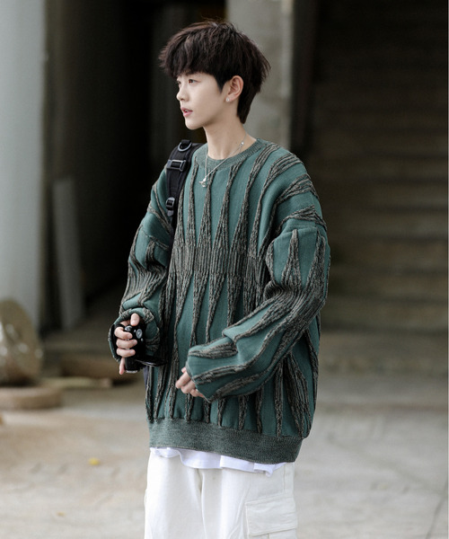 neos（ネオス）の「【neos -addictive design-】ビッグシルエット ジャガード ビンテージライク レトロ プルオーバー ニット セーター（ニット/セーター・メンズ・チャコールグレー/サックスブルー/グリーン/グレー・MEDIUM/X-LARGE/LARGE）」の10枚目の写真