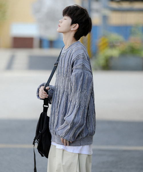 neos（ネオス）の「【neos -addictive design-】ビッグシルエット ジャガード ビンテージライク レトロ プルオーバー ニット セーター（ニット/セーター・メンズ・チャコールグレー/サックスブルー/グリーン/グレー・MEDIUM/X-LARGE/LARGE）」の7枚目の写真