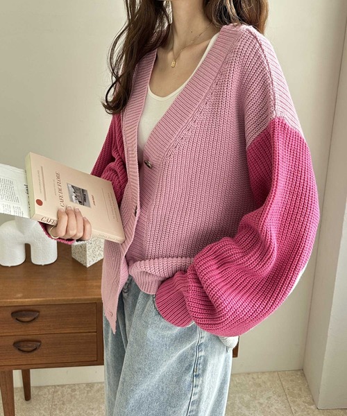 GeeRA（ジーラ）の「前後2WAYブロック配色ニット（カーディガン/ボレロ・レディース・ブルー/ピンク/グレー・MEDIUM/LARGE）」の3枚目の写真