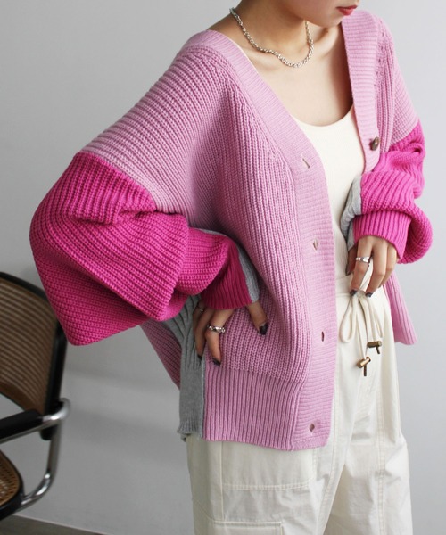 GeeRA（ジーラ）の「前後2WAYブロック配色ニット（カーディガン/ボレロ・レディース・ブルー/ピンク/グレー・MEDIUM/LARGE）」の16枚目の写真