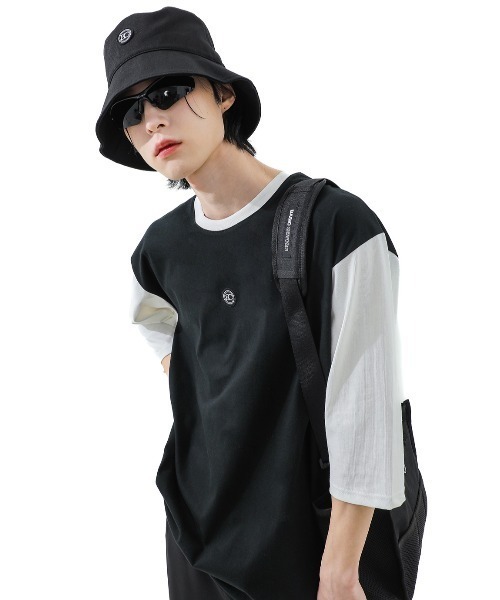 BASIC COTTON（ベーシックコットン）の「A'GEM/9 × .kom『BASIC COTTON/ベーシックコットン』 MIX BOX TOP/ボックスシルエット 七分袖 カットソー（Tシャツ/カットソー・レディース・ホワイト/ブラック・FREE）」の2枚目の写真