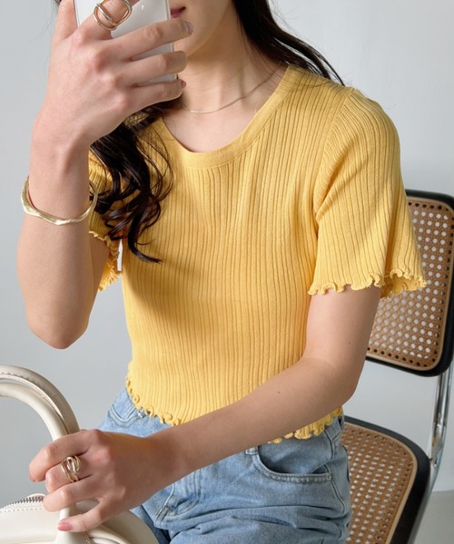 CLEA（クレア）の「裾メロウリブショート半袖トップス（Tシャツ/カットソー・レディース・ホワイト/グリーン/イエロー/ブラック・FREE）」の4枚目の写真