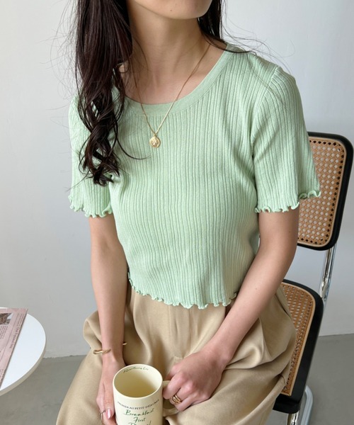 CLEA（クレア）の「裾メロウリブショート半袖トップス（Tシャツ/カットソー・レディース・ホワイト/グリーン/イエロー/ブラック・FREE）」の3枚目の写真