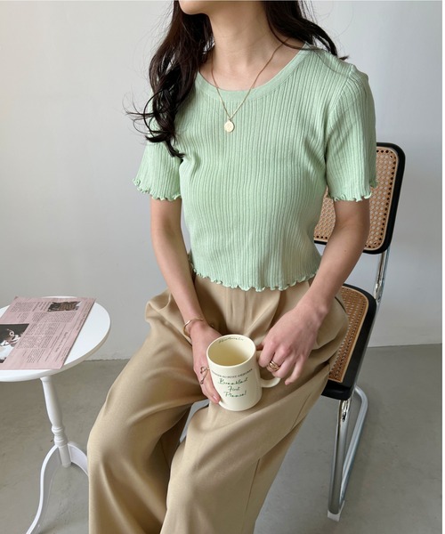 CLEA（クレア）の「裾メロウリブショート半袖トップス（Tシャツ/カットソー・レディース・ホワイト/グリーン/イエロー/ブラック・FREE）」の9枚目の写真