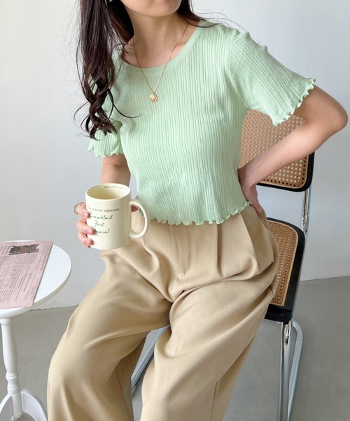 CLEA（クレア）の「裾メロウリブショート半袖トップス（Tシャツ/カットソー・レディース・ホワイト/グリーン/イエロー/ブラック・FREE）」の18枚目の写真