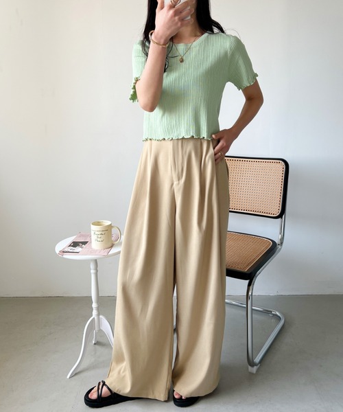 CLEA（クレア）の「裾メロウリブショート半袖トップス（Tシャツ/カットソー・レディース・ホワイト/グリーン/イエロー/ブラック・FREE）」の13枚目の写真