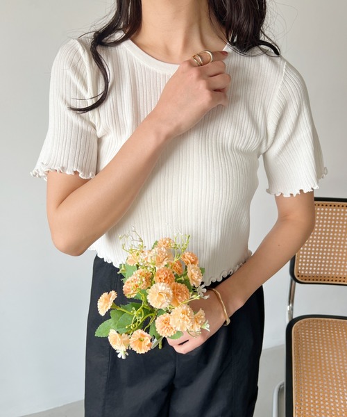 CLEA（クレア）の「裾メロウリブショート半袖トップス（Tシャツ/カットソー・レディース・ホワイト/グリーン/イエロー/ブラック・FREE）」の14枚目の写真