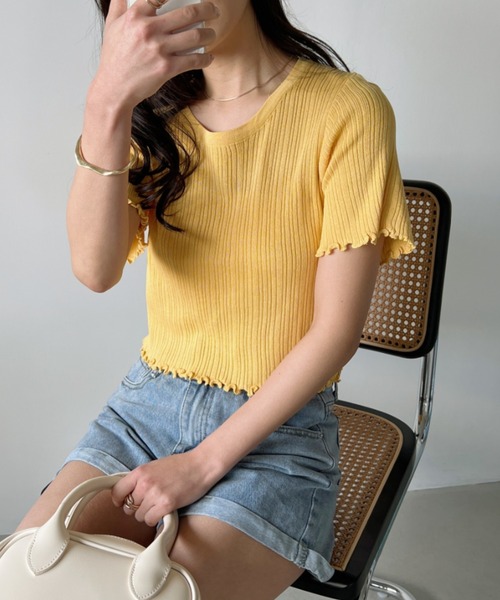 CLEA（クレア）の「裾メロウリブショート半袖トップス（Tシャツ/カットソー・レディース・ホワイト/グリーン/イエロー/ブラック・FREE）」の19枚目の写真