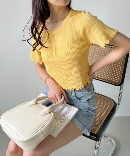 CLEA（クレア）の「裾メロウリブショート半袖トップス（Tシャツ/カットソー・レディース・ホワイト/グリーン/イエロー/ブラック・FREE）」の10枚目の写真