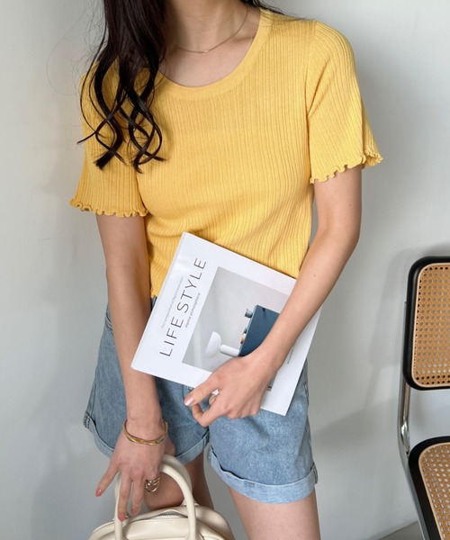 CLEA（クレア）の「裾メロウリブショート半袖トップス（Tシャツ/カットソー・レディース・ホワイト/グリーン/イエロー/ブラック・FREE）」の22枚目の写真