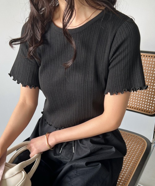 CLEA（クレア）の「裾メロウリブショート半袖トップス（Tシャツ/カットソー・レディース・ホワイト/グリーン/イエロー/ブラック・FREE）」の17枚目の写真