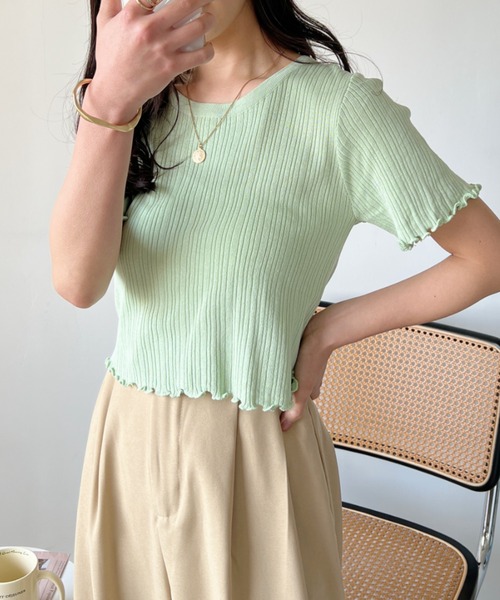 CLEA（クレア）の「裾メロウリブショート半袖トップス（Tシャツ/カットソー・レディース・ホワイト/グリーン/イエロー/ブラック・FREE）」の6枚目の写真