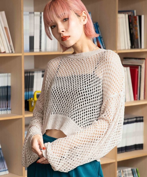 PBLIM（ページボーイリム）の「PAGEBOYLIM/ザックリメッシュプル（ニット/セーター・レディース・ブラック/カーキ/クリーム・FREE）」の3枚目の写真