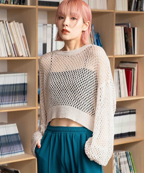 PBLIM（ページボーイリム）の「PAGEBOYLIM/ザックリメッシュプル（ニット/セーター・レディース・ブラック/カーキ/クリーム・FREE）」の4枚目の写真