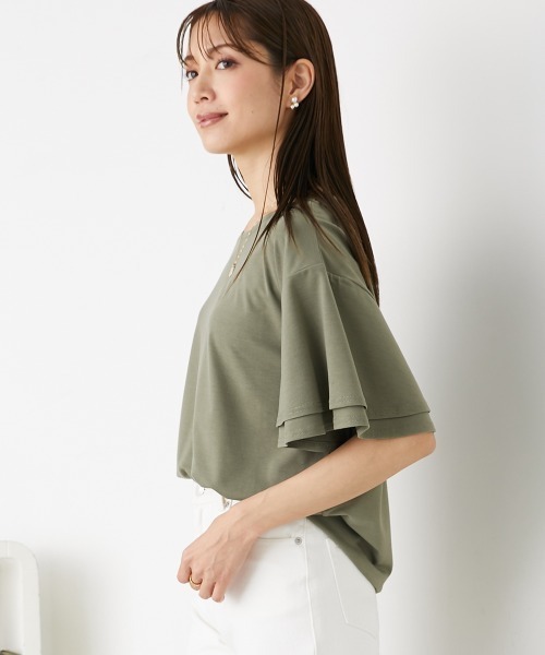 nissen（ニッセン）の「ゆるっと落ち感　袖フリルトップス（Tシャツ/カットソー・レディース・マスタード/テラコッタ/ネイビー/ブラック/グレイッシュベージュ/カーキ/ブルー/ピンク/ライム・LL/L/S/M）」の5枚目の写真