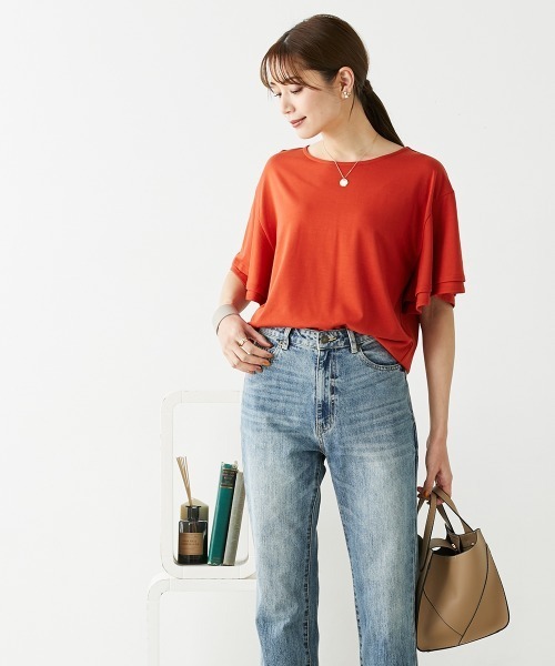 nissen（ニッセン）の「ゆるっと落ち感　袖フリルトップス（Tシャツ/カットソー・レディース・マスタード/テラコッタ/ネイビー/ブラック/グレイッシュベージュ/カーキ/ブルー/ピンク/ライム・LL/L/S/M）」の17枚目の写真